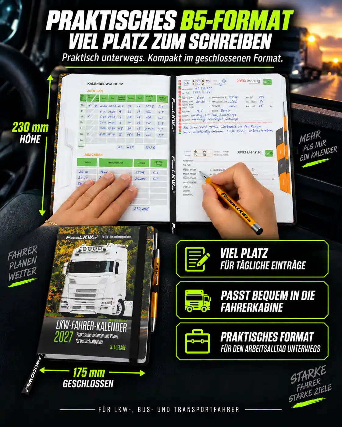 Infografik zum praktischen B5-Format des LKW-Fahrer-Kalenders 2027 mit 230 mm Höhe, 175 mm Breite und viel Platz für tägliche Einträge.